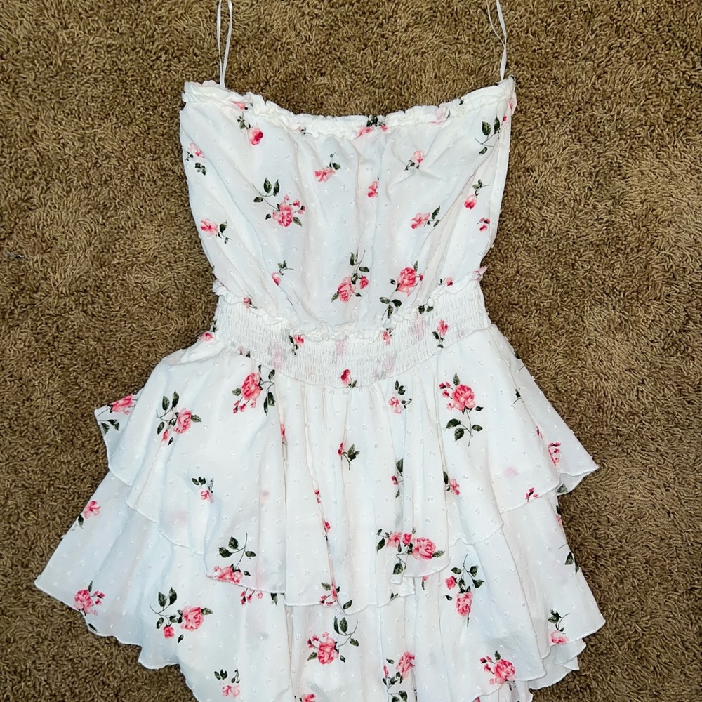 Floral White Mini Strapless Dress